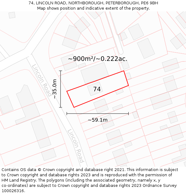 74, LINCOLN ROAD, NORTHBOROUGH, PETERBOROUGH, PE6 9BH: Plot and title map