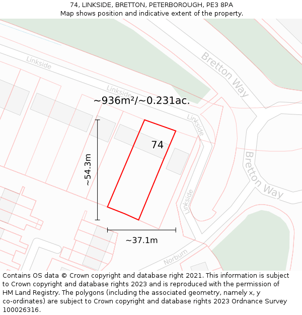 74, LINKSIDE, BRETTON, PETERBOROUGH, PE3 8PA: Plot and title map