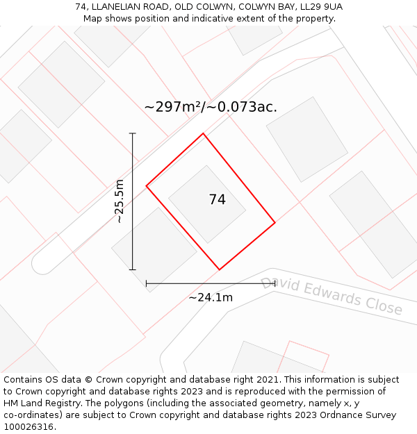 74, LLANELIAN ROAD, OLD COLWYN, COLWYN BAY, LL29 9UA: Plot and title map