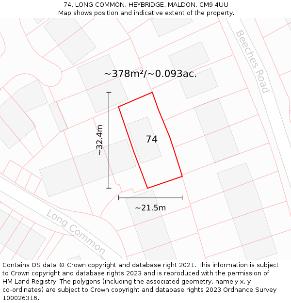 74, LONG COMMON, HEYBRIDGE, MALDON, CM9 4UU: Plot and title map
