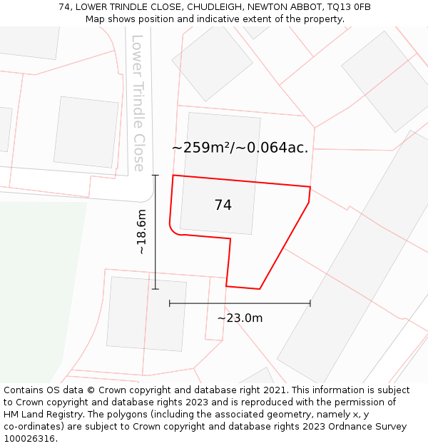 74, LOWER TRINDLE CLOSE, CHUDLEIGH, NEWTON ABBOT, TQ13 0FB: Plot and title map