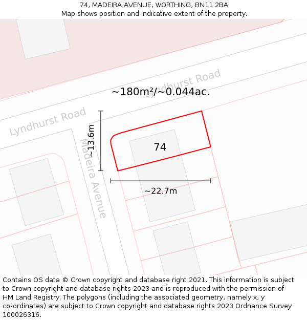 74, MADEIRA AVENUE, WORTHING, BN11 2BA: Plot and title map