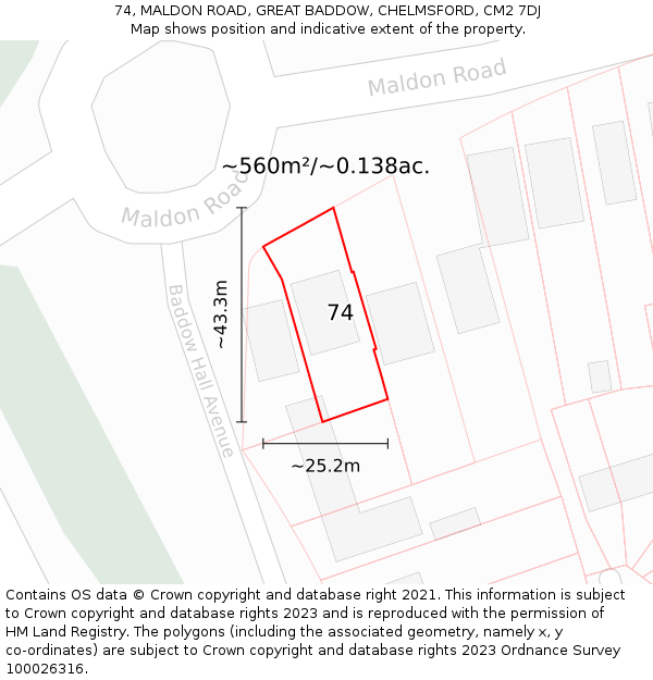 74, MALDON ROAD, GREAT BADDOW, CHELMSFORD, CM2 7DJ: Plot and title map