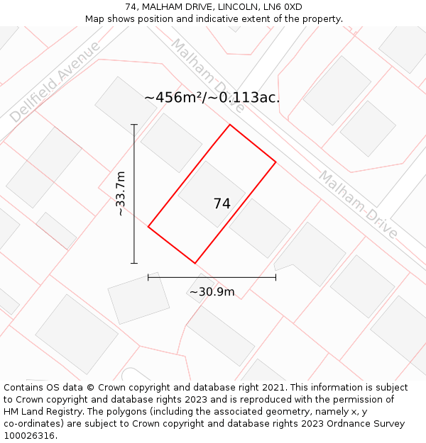 74, MALHAM DRIVE, LINCOLN, LN6 0XD: Plot and title map