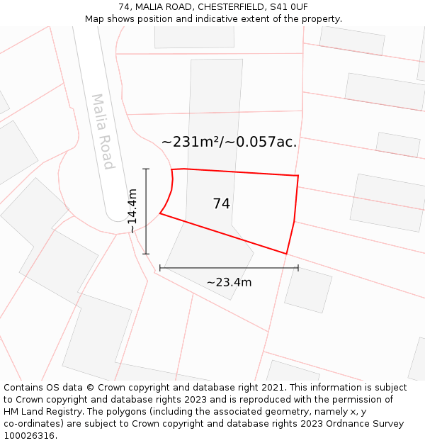 74, MALIA ROAD, CHESTERFIELD, S41 0UF: Plot and title map