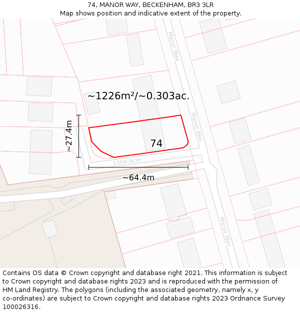 74, MANOR WAY, BECKENHAM, BR3 3LR: Plot and title map
