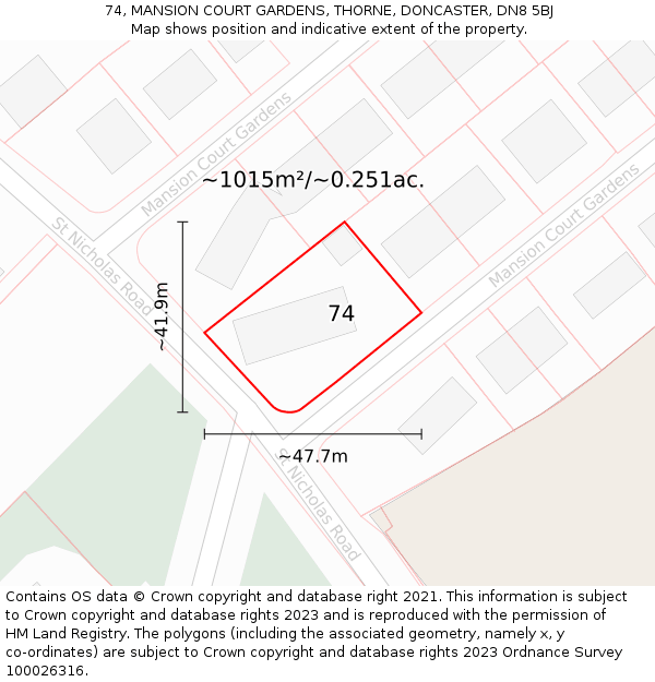 74, MANSION COURT GARDENS, THORNE, DONCASTER, DN8 5BJ: Plot and title map