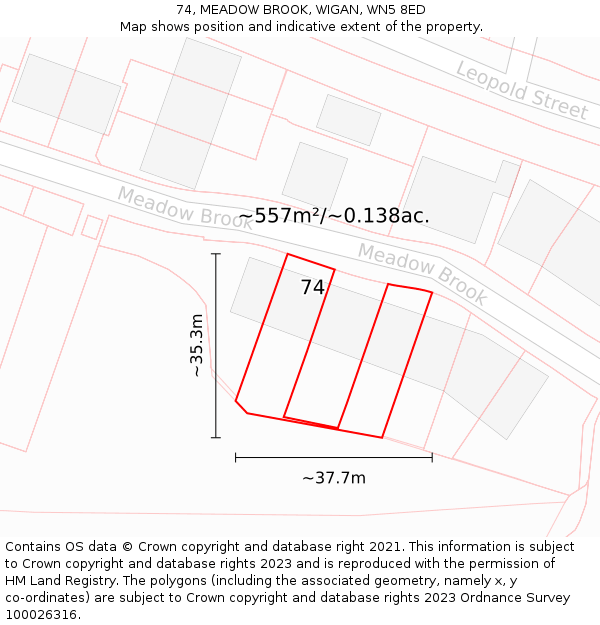 74, MEADOW BROOK, WIGAN, WN5 8ED: Plot and title map