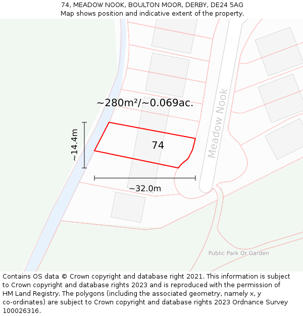74, MEADOW NOOK, BOULTON MOOR, DERBY, DE24 5AG: Plot and title map