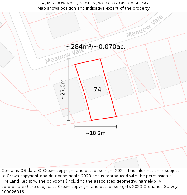 74, MEADOW VALE, SEATON, WORKINGTON, CA14 1SG: Plot and title map