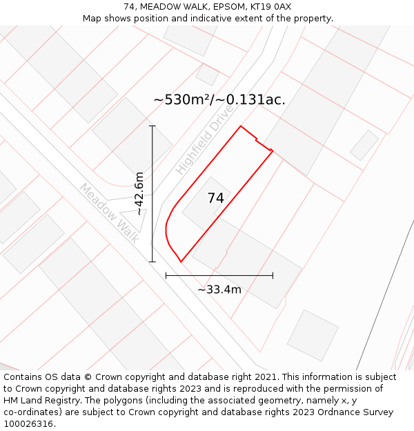 74, MEADOW WALK, EPSOM, KT19 0AX: Plot and title map