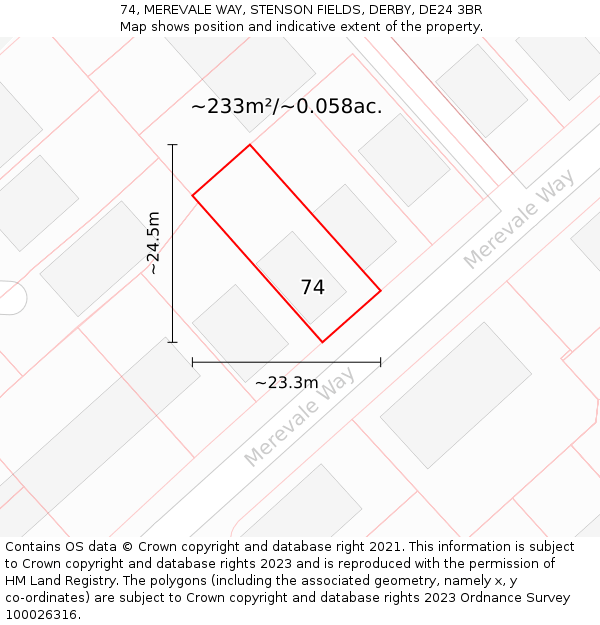 74, MEREVALE WAY, STENSON FIELDS, DERBY, DE24 3BR: Plot and title map
