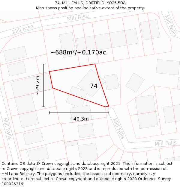 74, MILL FALLS, DRIFFIELD, YO25 5BA: Plot and title map