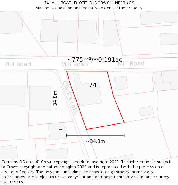 74, MILL ROAD, BLOFIELD, NORWICH, NR13 4QS: Plot and title map