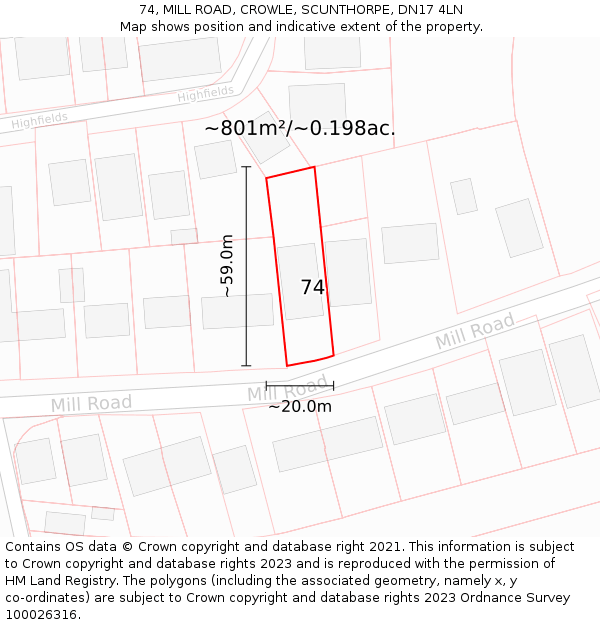 74, MILL ROAD, CROWLE, SCUNTHORPE, DN17 4LN: Plot and title map