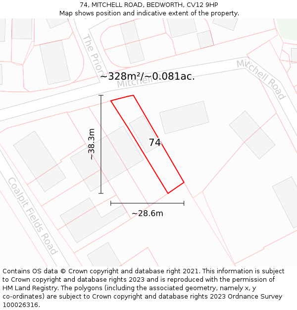 74, MITCHELL ROAD, BEDWORTH, CV12 9HP: Plot and title map