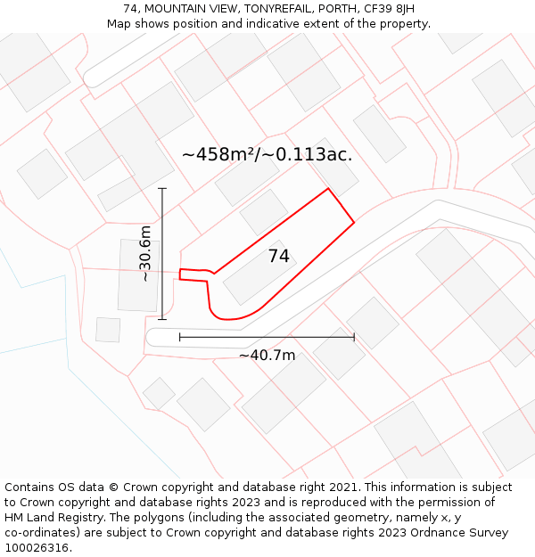 74, MOUNTAIN VIEW, TONYREFAIL, PORTH, CF39 8JH: Plot and title map