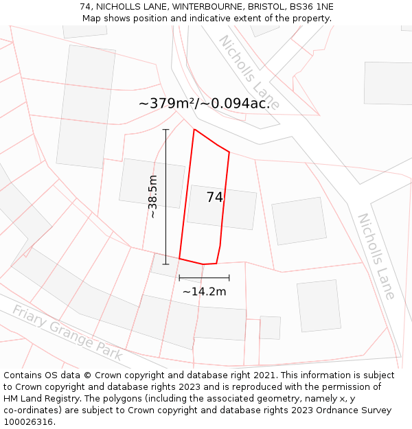74, NICHOLLS LANE, WINTERBOURNE, BRISTOL, BS36 1NE: Plot and title map