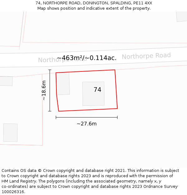 74, NORTHORPE ROAD, DONINGTON, SPALDING, PE11 4XX: Plot and title map