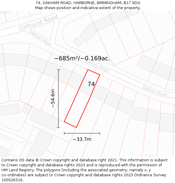 74, OAKHAM ROAD, HARBORNE, BIRMINGHAM, B17 9DG: Plot and title map