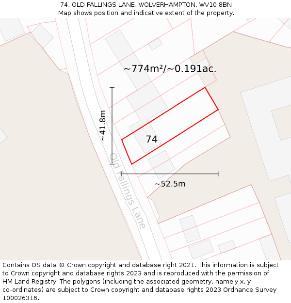 74, OLD FALLINGS LANE, WOLVERHAMPTON, WV10 8BN: Plot and title map