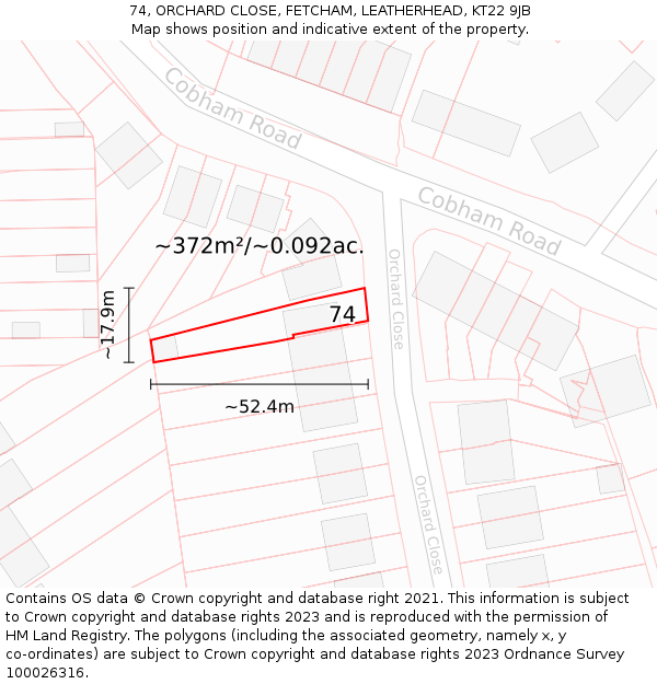 74, ORCHARD CLOSE, FETCHAM, LEATHERHEAD, KT22 9JB: Plot and title map