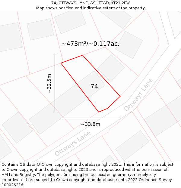 74, OTTWAYS LANE, ASHTEAD, KT21 2PW: Plot and title map