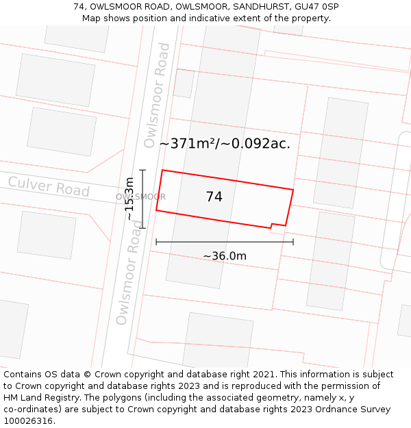 74, OWLSMOOR ROAD, OWLSMOOR, SANDHURST, GU47 0SP: Plot and title map
