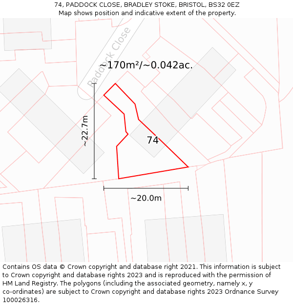 74, PADDOCK CLOSE, BRADLEY STOKE, BRISTOL, BS32 0EZ: Plot and title map