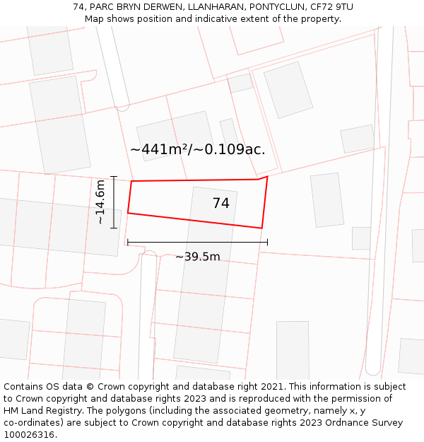 74, PARC BRYN DERWEN, LLANHARAN, PONTYCLUN, CF72 9TU: Plot and title map