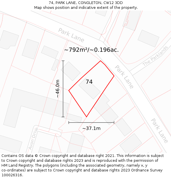 74, PARK LANE, CONGLETON, CW12 3DD: Plot and title map