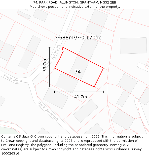 74, PARK ROAD, ALLINGTON, GRANTHAM, NG32 2EB: Plot and title map