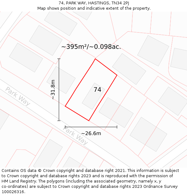 74, PARK WAY, HASTINGS, TN34 2PJ: Plot and title map