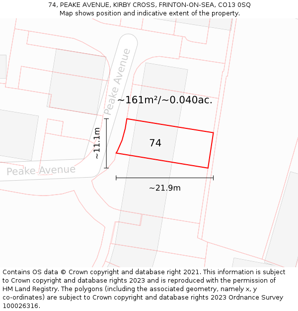 74, PEAKE AVENUE, KIRBY CROSS, FRINTON-ON-SEA, CO13 0SQ: Plot and title map