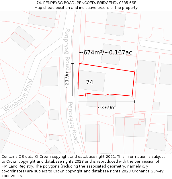 74, PENPRYSG ROAD, PENCOED, BRIDGEND, CF35 6SF: Plot and title map