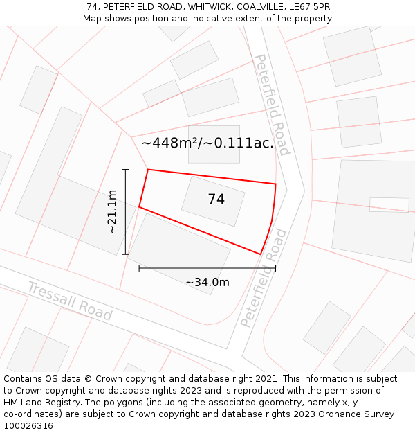 74, PETERFIELD ROAD, WHITWICK, COALVILLE, LE67 5PR: Plot and title map