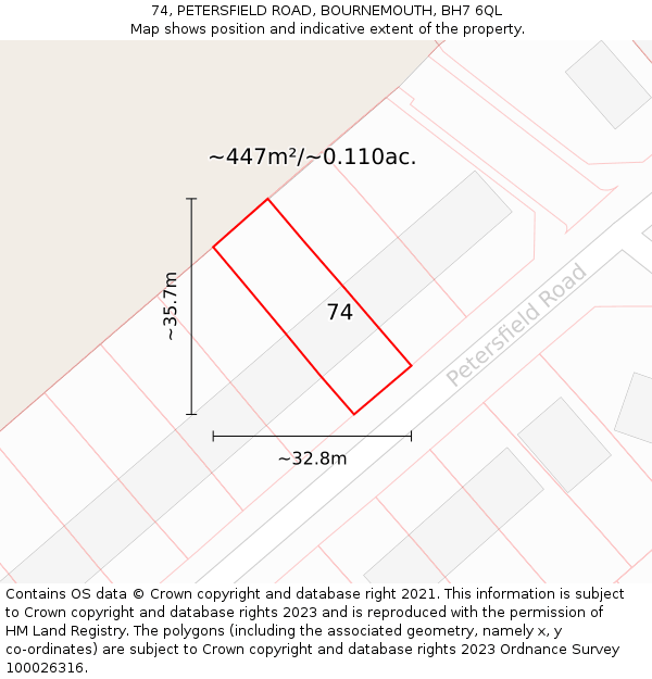 74, PETERSFIELD ROAD, BOURNEMOUTH, BH7 6QL: Plot and title map