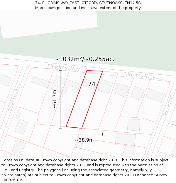 74, PILGRIMS WAY EAST, OTFORD, SEVENOAKS, TN14 5SJ: Plot and title map