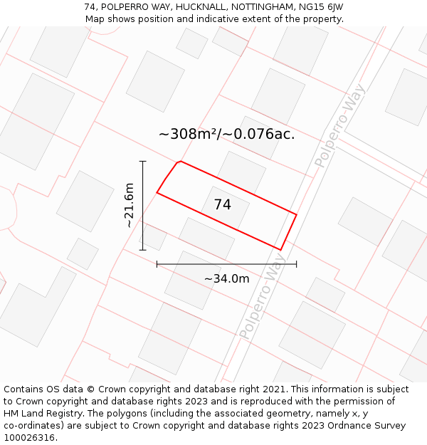 74, POLPERRO WAY, HUCKNALL, NOTTINGHAM, NG15 6JW: Plot and title map