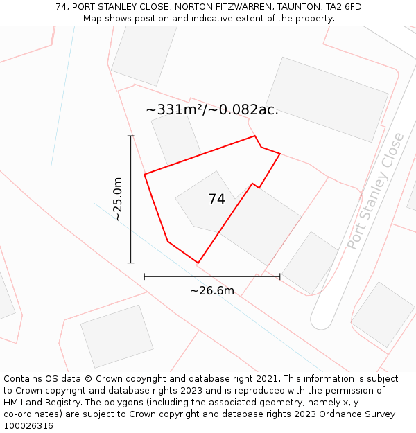 74, PORT STANLEY CLOSE, NORTON FITZWARREN, TAUNTON, TA2 6FD: Plot and title map