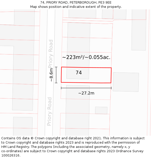 74, PRIORY ROAD, PETERBOROUGH, PE3 9EE: Plot and title map