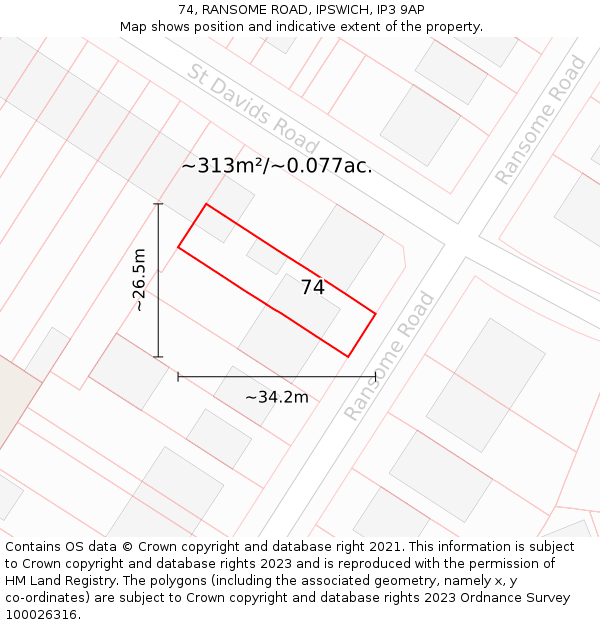 74, RANSOME ROAD, IPSWICH, IP3 9AP: Plot and title map