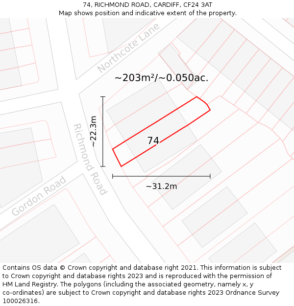 74, RICHMOND ROAD, CARDIFF, CF24 3AT: Plot and title map