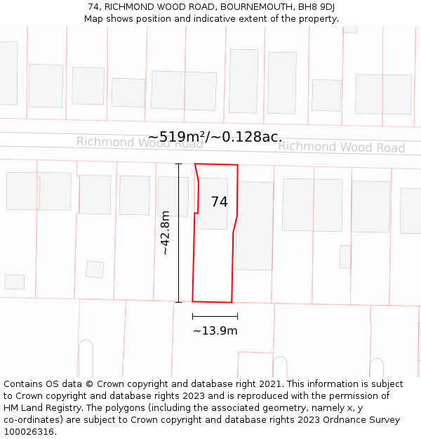 74, RICHMOND WOOD ROAD, BOURNEMOUTH, BH8 9DJ: Plot and title map