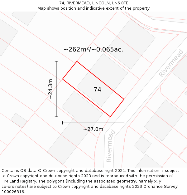 74, RIVERMEAD, LINCOLN, LN6 8FE: Plot and title map