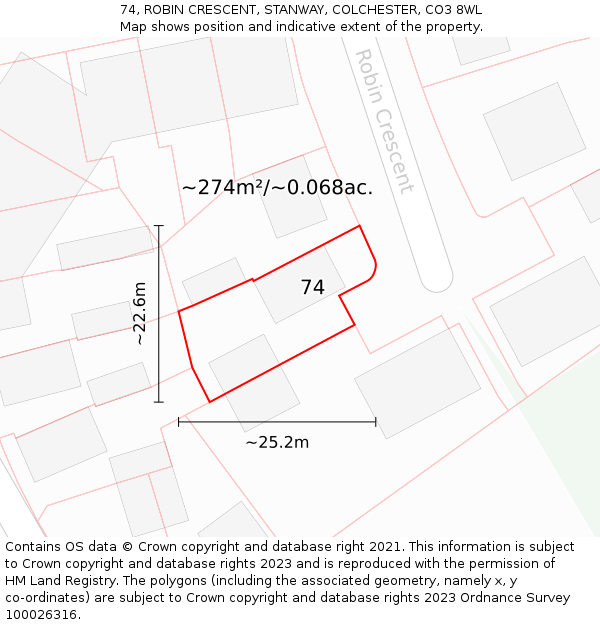 74, ROBIN CRESCENT, STANWAY, COLCHESTER, CO3 8WL: Plot and title map