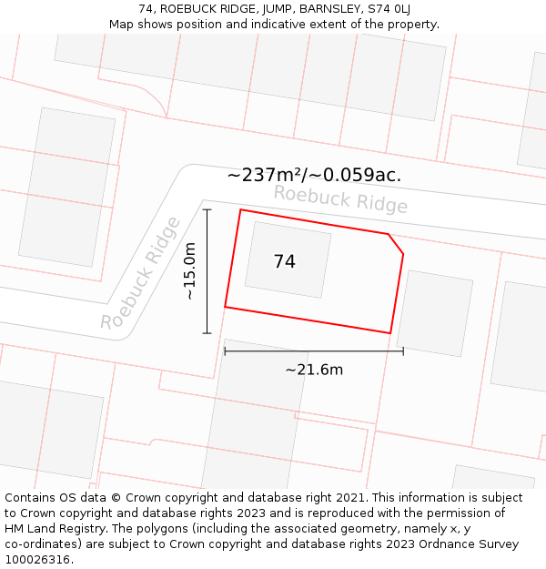74, ROEBUCK RIDGE, JUMP, BARNSLEY, S74 0LJ: Plot and title map