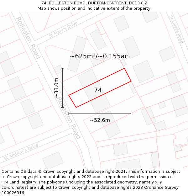 74, ROLLESTON ROAD, BURTON-ON-TRENT, DE13 0JZ: Plot and title map