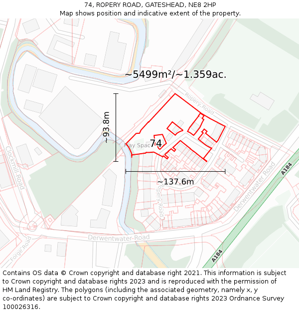 74, ROPERY ROAD, GATESHEAD, NE8 2HP: Plot and title map