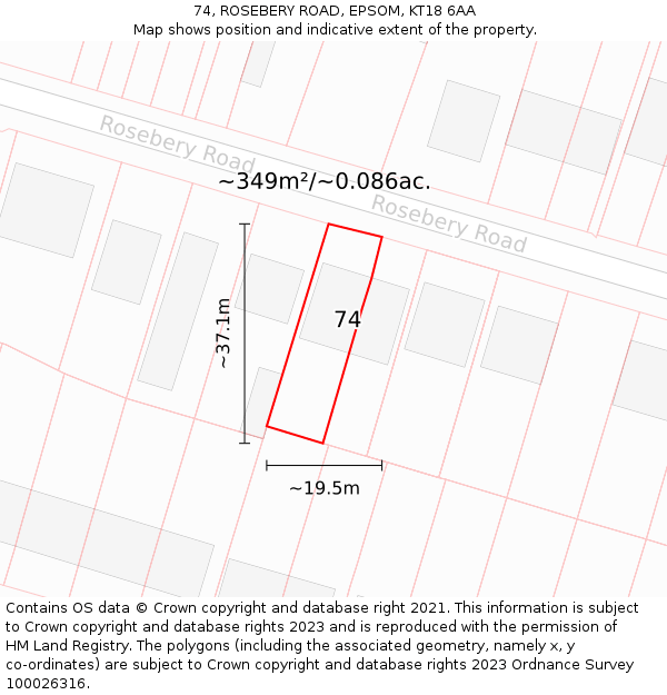 74, ROSEBERY ROAD, EPSOM, KT18 6AA: Plot and title map